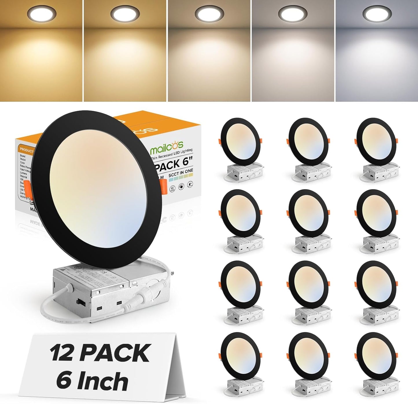 MAILCOS 12 Pack 6 Inch 5CCT Ultra-Thin LED Recessed Ceiling Light with Junction Box, 2700K-5000K Selectable, 1050LM High Brightness, Dimmable Canless Wafer Downlight, 12W 120V, ETL