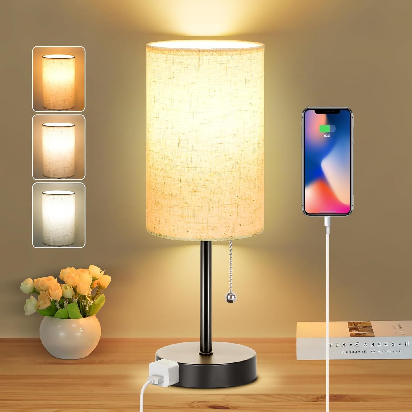 Dott Arts 15" Table Lamp for Bedroom, 3-Color Bedside Lamps with Pull Chain, Bedroom Table Lamps for Nightstand,AC Outlet Small Lamp for Living Room, Bulb Included
