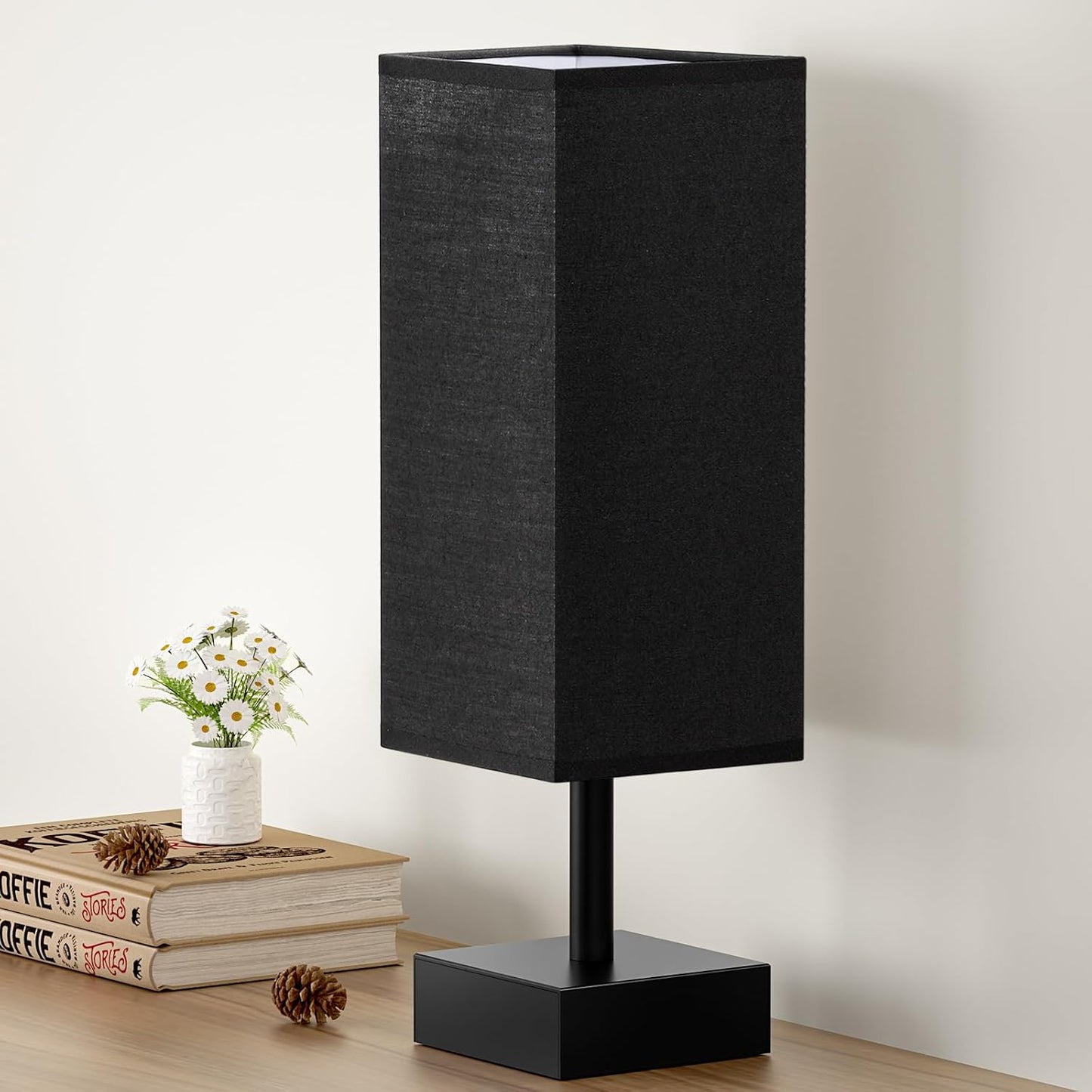 Small Table Lamp for Bedroom - Bedside Lamps for Nightstand, Minimalist Night Stand Light Lamp with Square Fabric Shade, Desk Reading Lamp for Kids Room Living Room Office Dorm