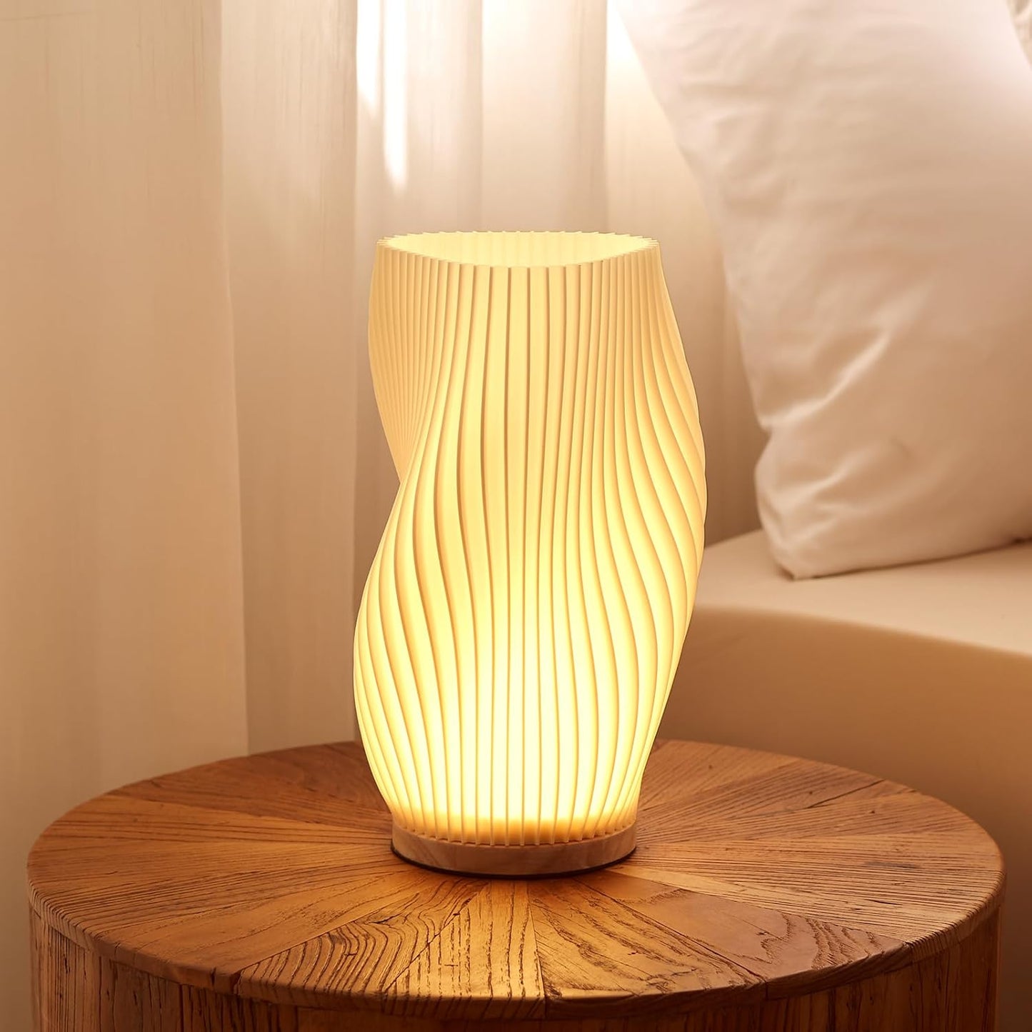 Bedside Lamp with Woodbase - Button Control Table Lamp for Bedroom 12 Way Dimmable Nightstand Lamp with PLA Lampshade for Living Room, Kids Room, College Dorm, Office (White-E, Medium)
