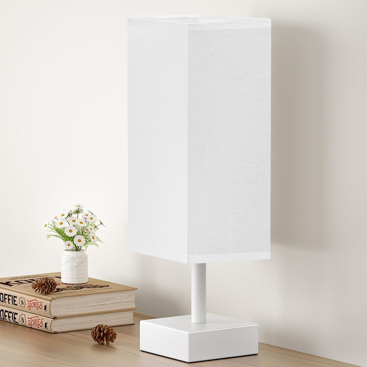 Small Table Lamp for Bedroom - Bedside Lamps for Nightstand, Minimalist Night Stand Light Lamp with Square Fabric Shade, Desk Reading Lamp for Kids Room Living Room Office Dorm