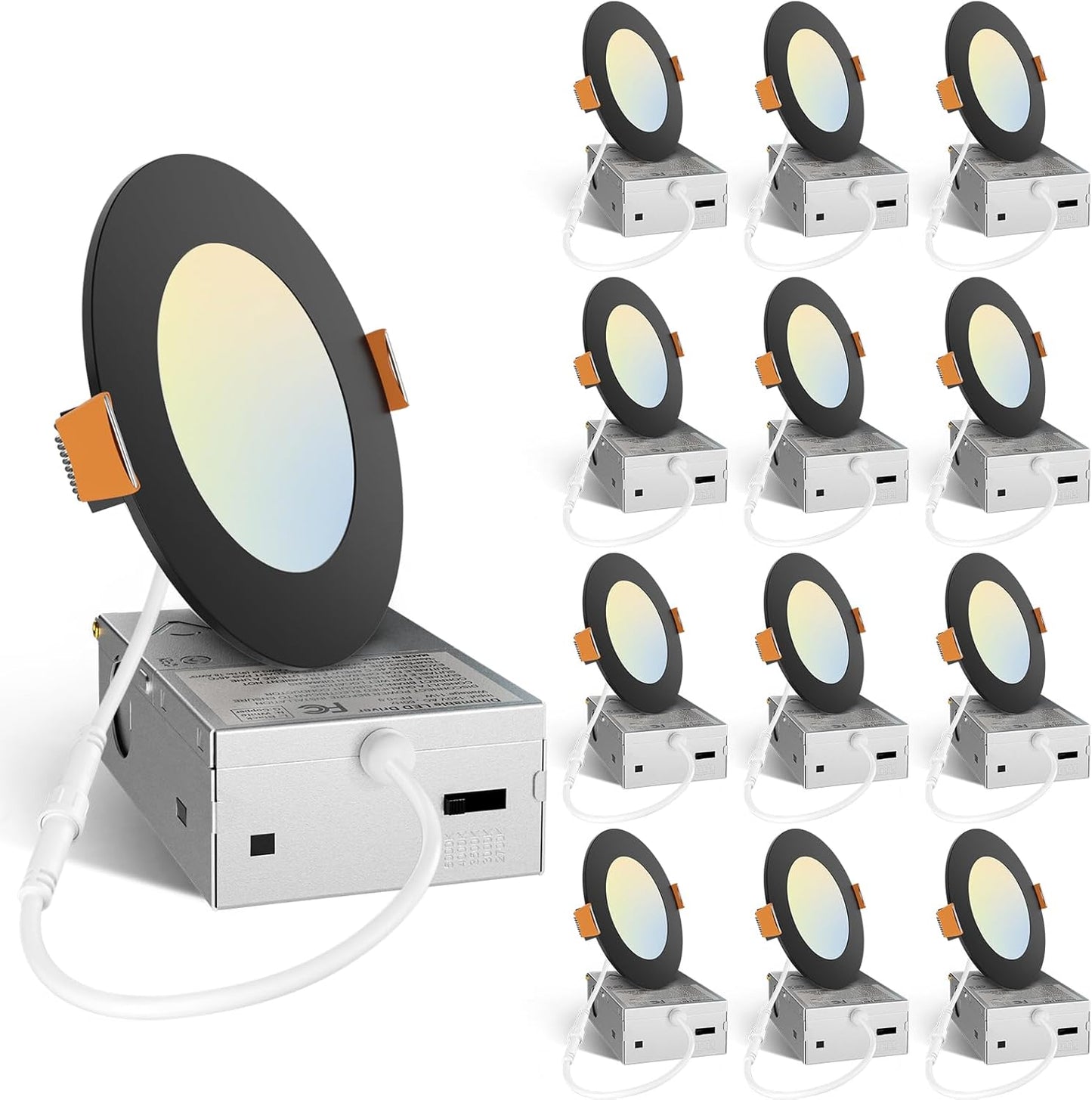 Amico 12 Pack 6 Inch 5CCT Ultra-Thin LED Recessed Ceiling Light with Junction Box, 1050LM Brightness, Dimmable Canless Wafer Downlight, 12W, ETL&FCC
