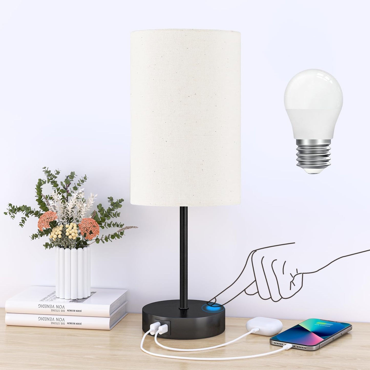 AKASUKI Table Lamp for Bedroom, 3 Way Dimmable Touch Lamp with Dual Charging Station, Small Bedside Lamps for Night Stands, Living Room, Office(LED Bulb Included)
