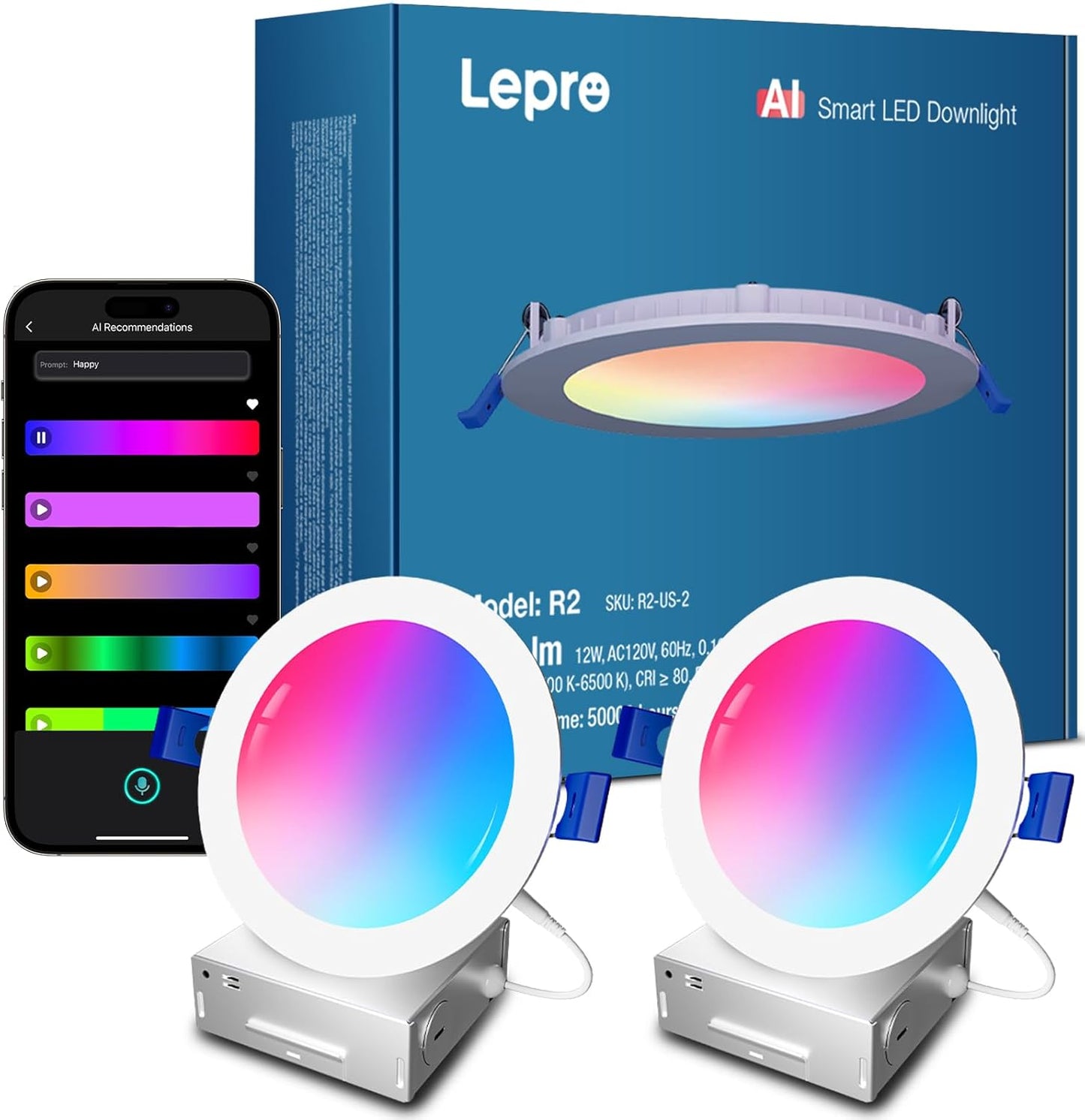 Lepro R2 AI Smart LED Recessed Lighting 6 Inch, RGB+Cool/Warm White APP Control Ceiling Lights, Alexa & Google Compatible, 12W 1050LM Slim Canless Downlight, AI Generated Lighting, 2.4GHz WiFi, 4-Pack
