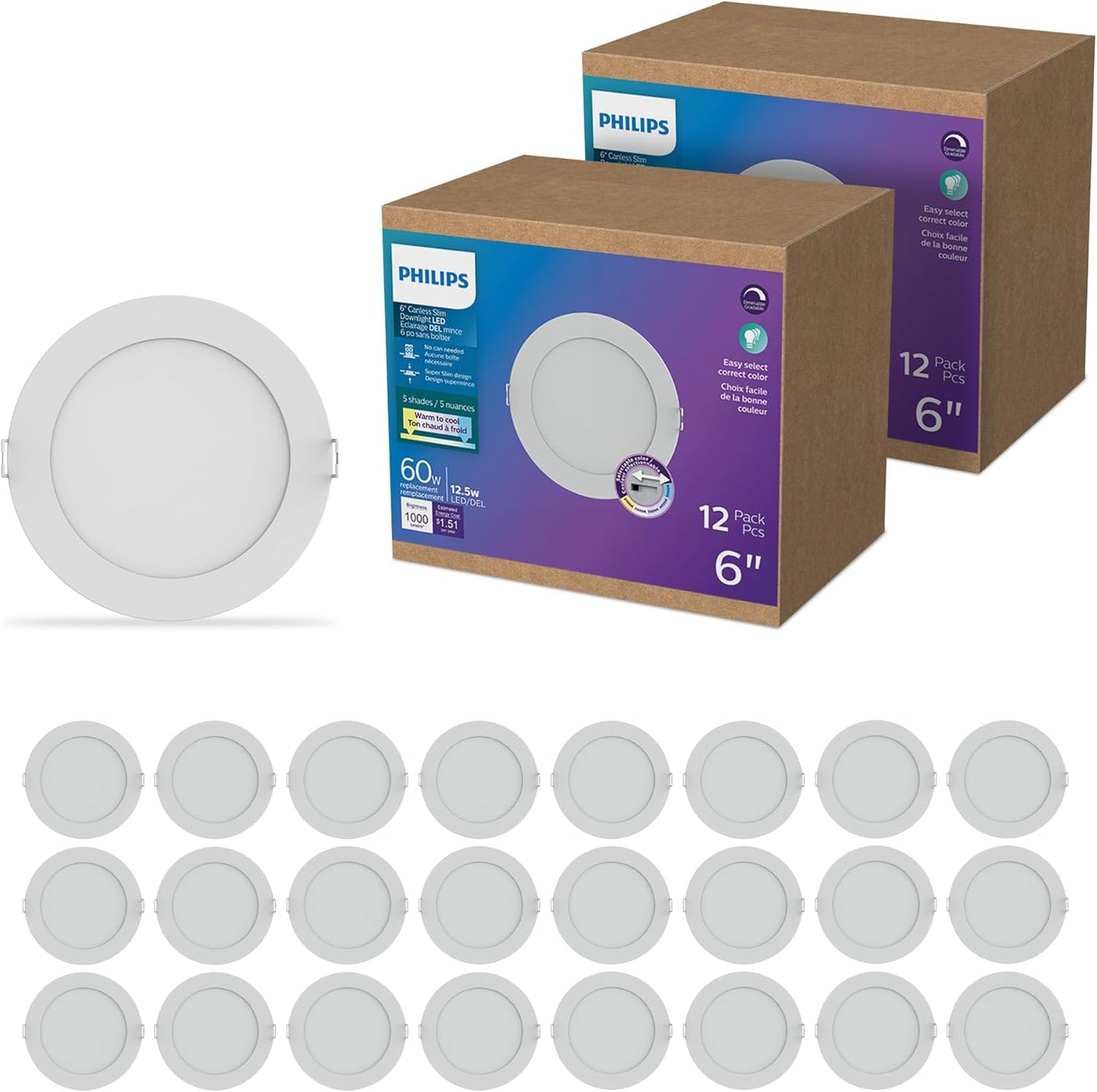 LED Philips 60W Slim 6-inch Canless Downlight 12-Pack Selectable White Multi-CCT 1000 Lumen (12.5W = 60W) Dimmable No Housing Required