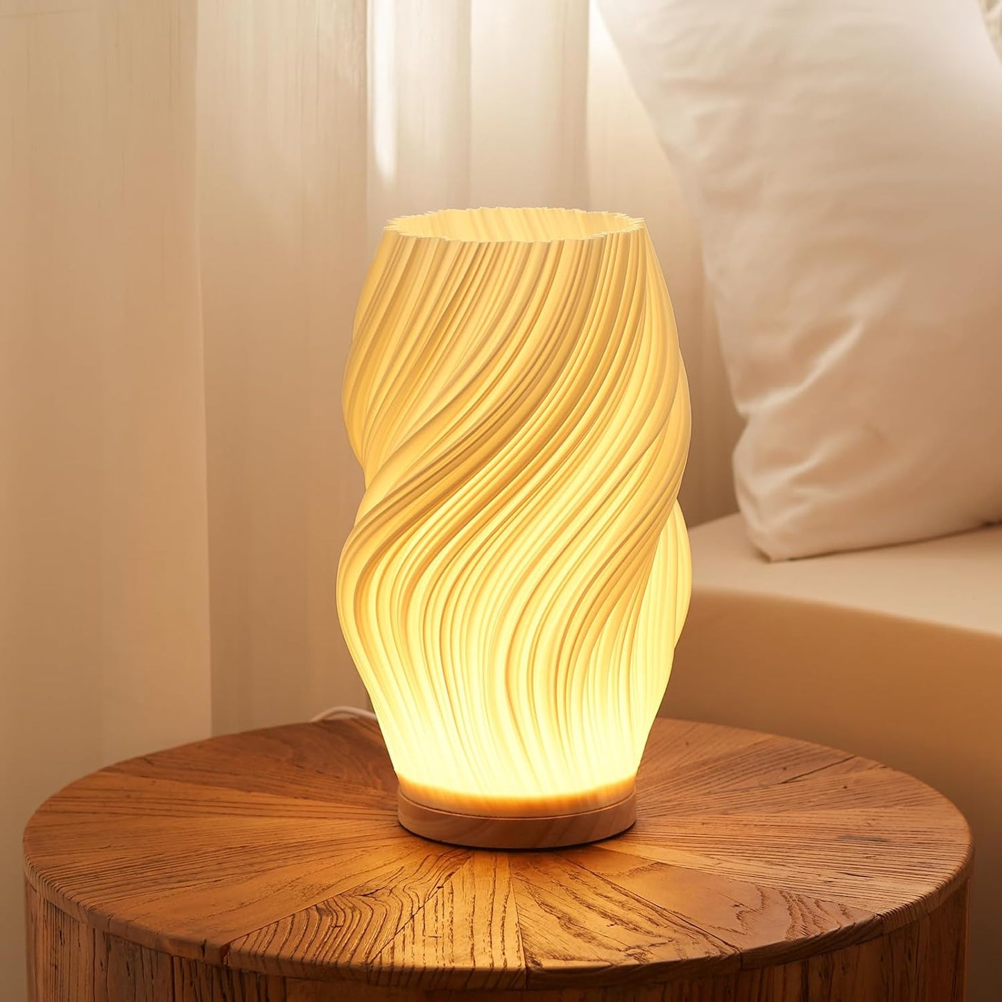 Bedside Lamp with Woodbase - Button Control Table Lamp for Bedroom 12 Way Dimmable Nightstand Lamp with PLA Lampshade for Living Room, Kids Room, College Dorm, Office (White-E, Medium)