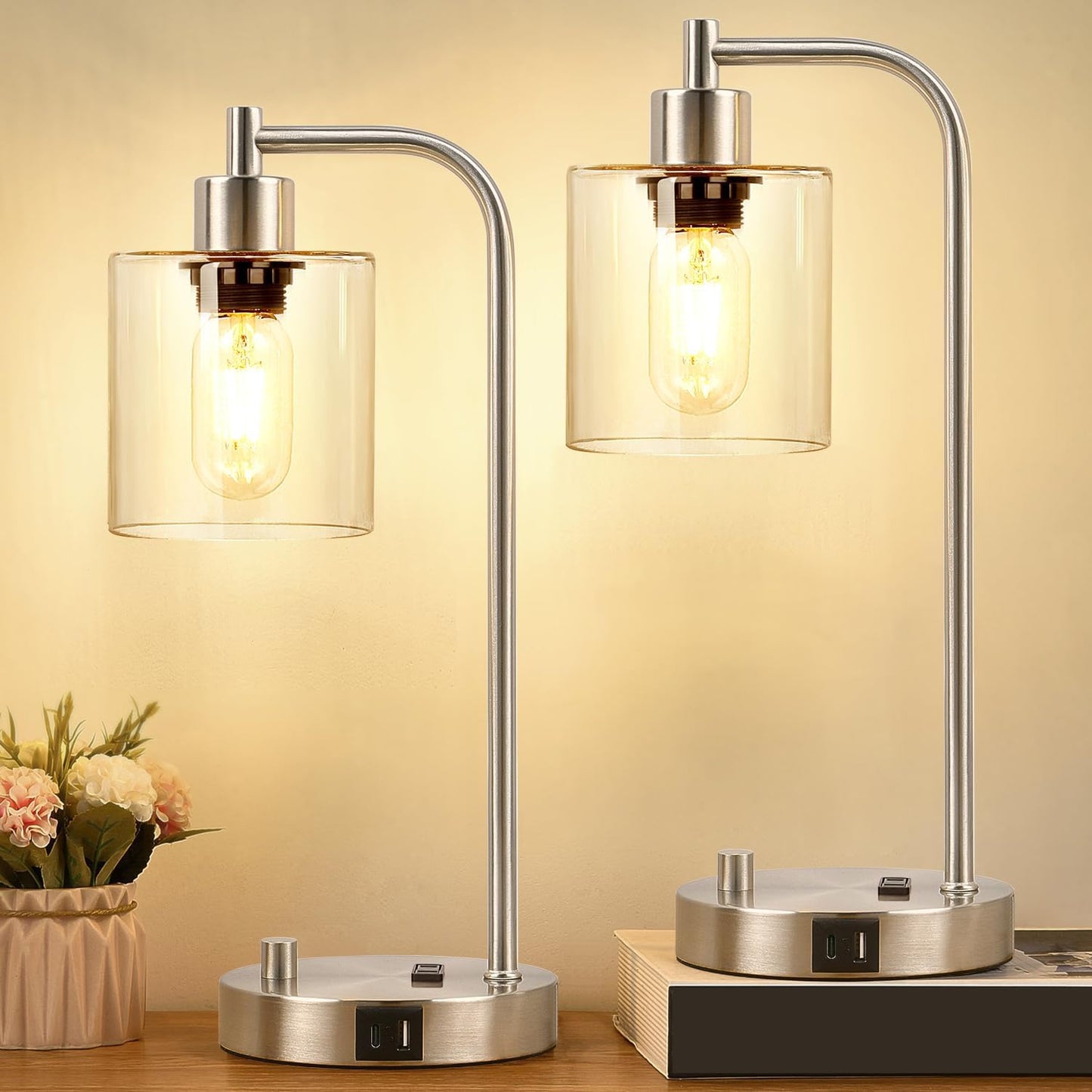 Set of 2 Industrial Table Lamps with USB Port, Fully Stepless Dimmable Bedside Lamps for Bedrooms, Nightstand Desk Lamp with Clear Glass Shade for Reading Living Room Office 2 LED Bulb Included