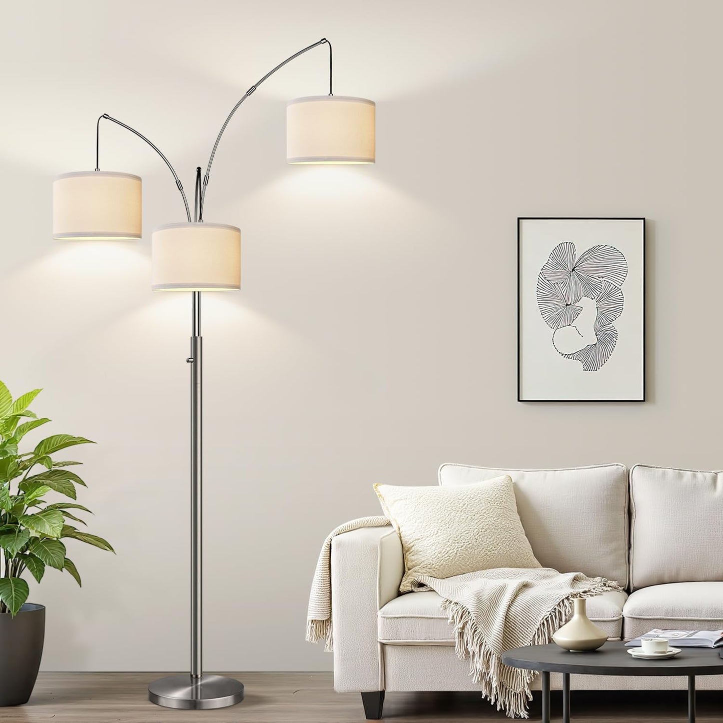 Dimmable Floor Lamp - 3 Lights Arc Floor Lamps for Living Room, 1000LM Modern Tall Standing Lamp With Beige Shades & Heavy Base, Mid Century Tree Floor Lamp for Bedroom Office, 3 LED Bulbs Included