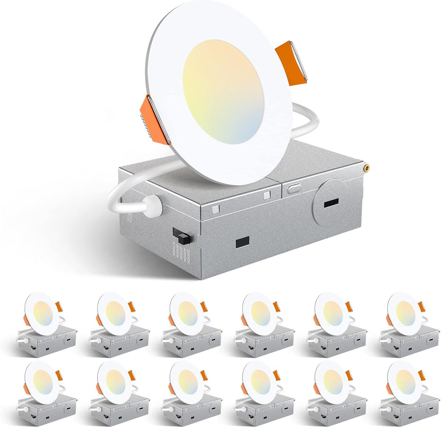 Amico 12 Pack 6 Inch 5CCT Ultra-Thin LED Recessed Ceiling Light with Junction Box, 1050LM Brightness, Dimmable Canless Wafer Downlight, 12W, ETL&FCC
