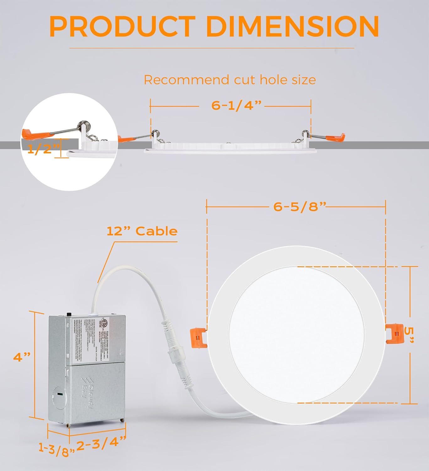 CLOUDY BAY 12 Pack 6 Inch 5CCT Ultra-Thin LED Recessed Ceiling Light with Junction Box,2700K/3000K/3500K/4000K/5000K Selectable,15W Dimmable, Canless Wafer Downlight, White,1000LM High Brightness