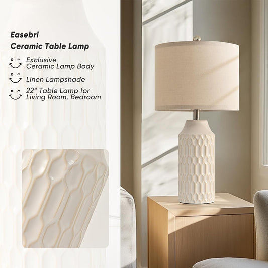 22IN Modern Ceramic Table Lamp Set of 2 White Lamps for Living Room Tall Bedroom Lamp Set Bedside Nightstand Lamps Set of Two Farmhouse Rustic Side Table Lamps for End Table Beige Desk Lamps
