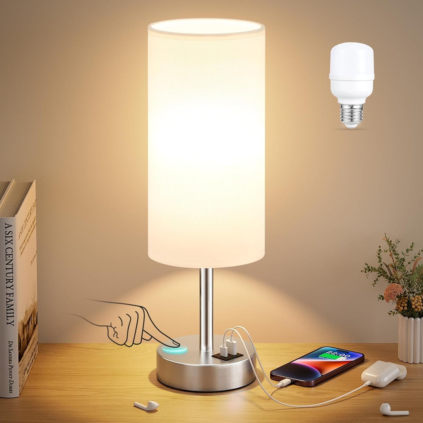 Touch Bedside Table Lamp with USB - 3 Way Dimmable Wood Lamp for Bedroom Nightstand, Desk Lamp with Charging Station for Dorm, Living Room, Office, Kids Room, Nursery, Small
