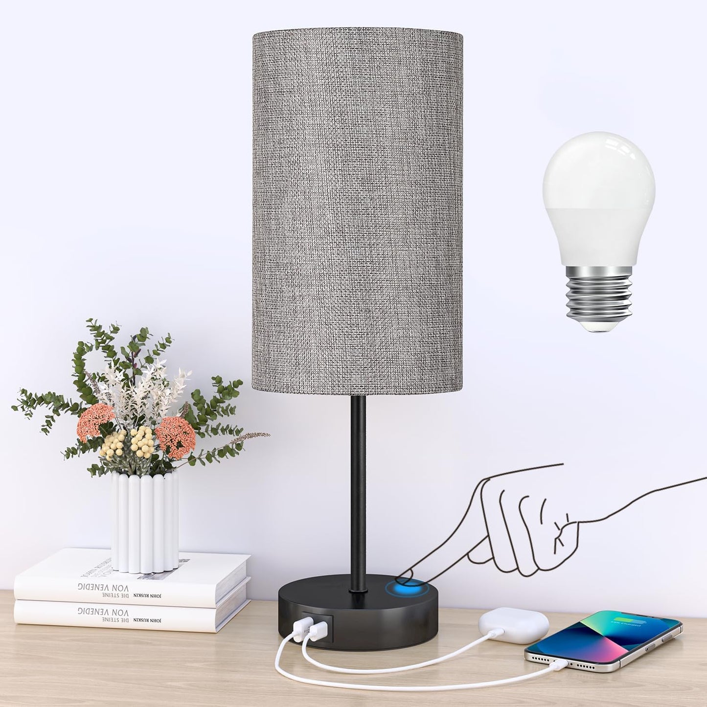 AKASUKI Table Lamp for Bedroom, 3 Way Dimmable Touch Lamp with Dual Charging Station, Small Bedside Lamps for Night Stands, Living Room, Office(LED Bulb Included)