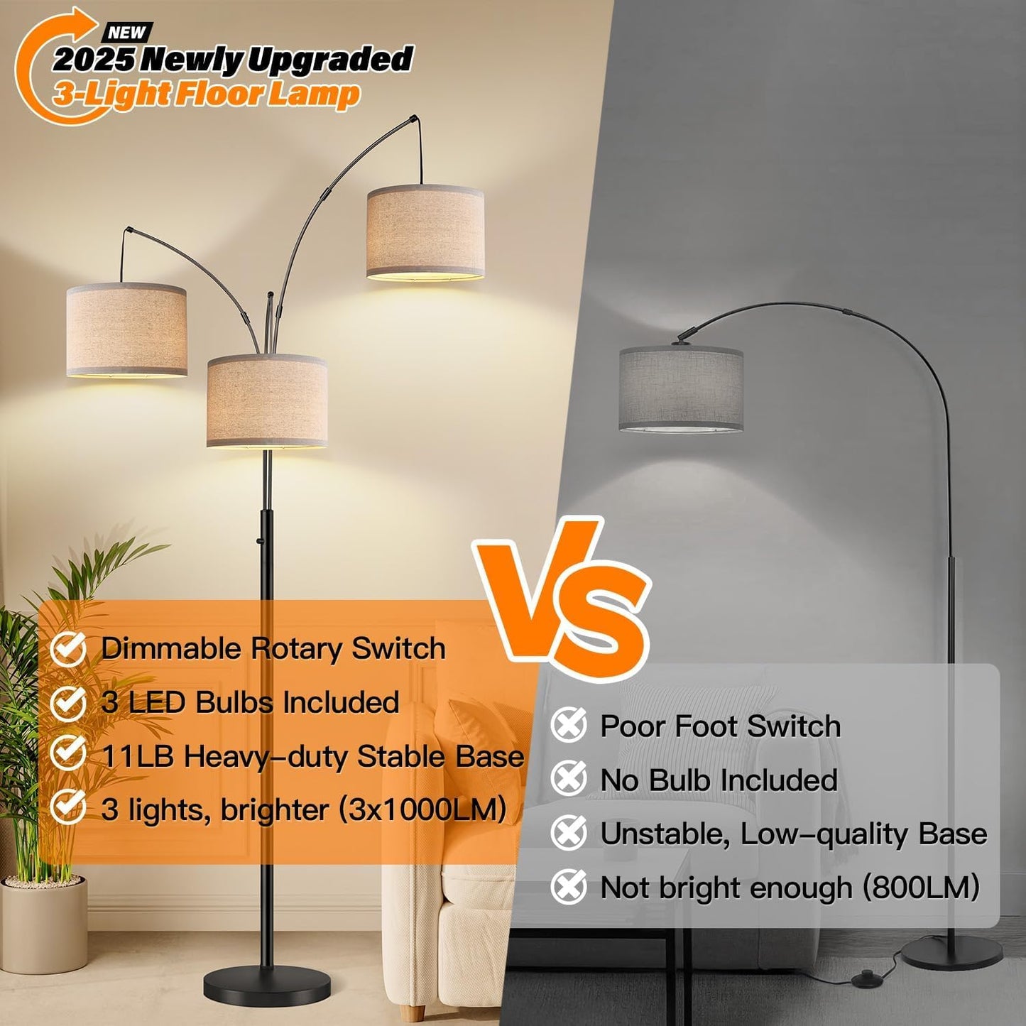 Dimmable Floor Lamp - 3 Lights Arc Floor Lamps for Living Room, 1000LM Modern Tall Standing Lamp With Beige Shades & Heavy Base, Mid Century Tree Floor Lamp for Bedroom Office, 3 LED Bulbs Included
