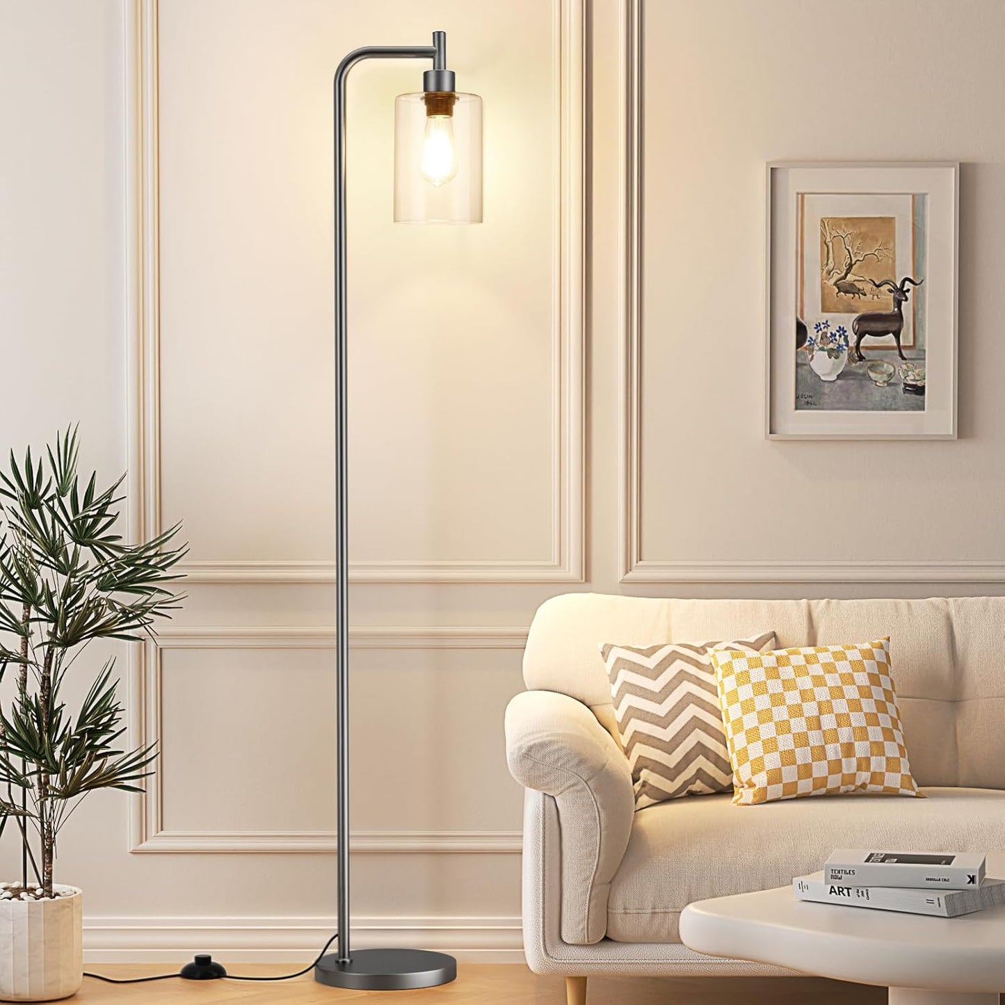 Industrial Floor Lamp with Glass Shade - Black, LED Bulbs, Foot Pedal Switch, Easy Assembly