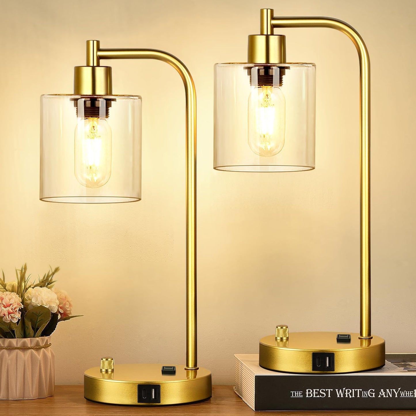 Set of 2 Industrial Table Lamps with USB Port, Fully Stepless Dimmable Bedside Lamps for Bedrooms, Nightstand Desk Lamp with Clear Glass Shade for Reading Living Room Office 2 LED Bulb Included