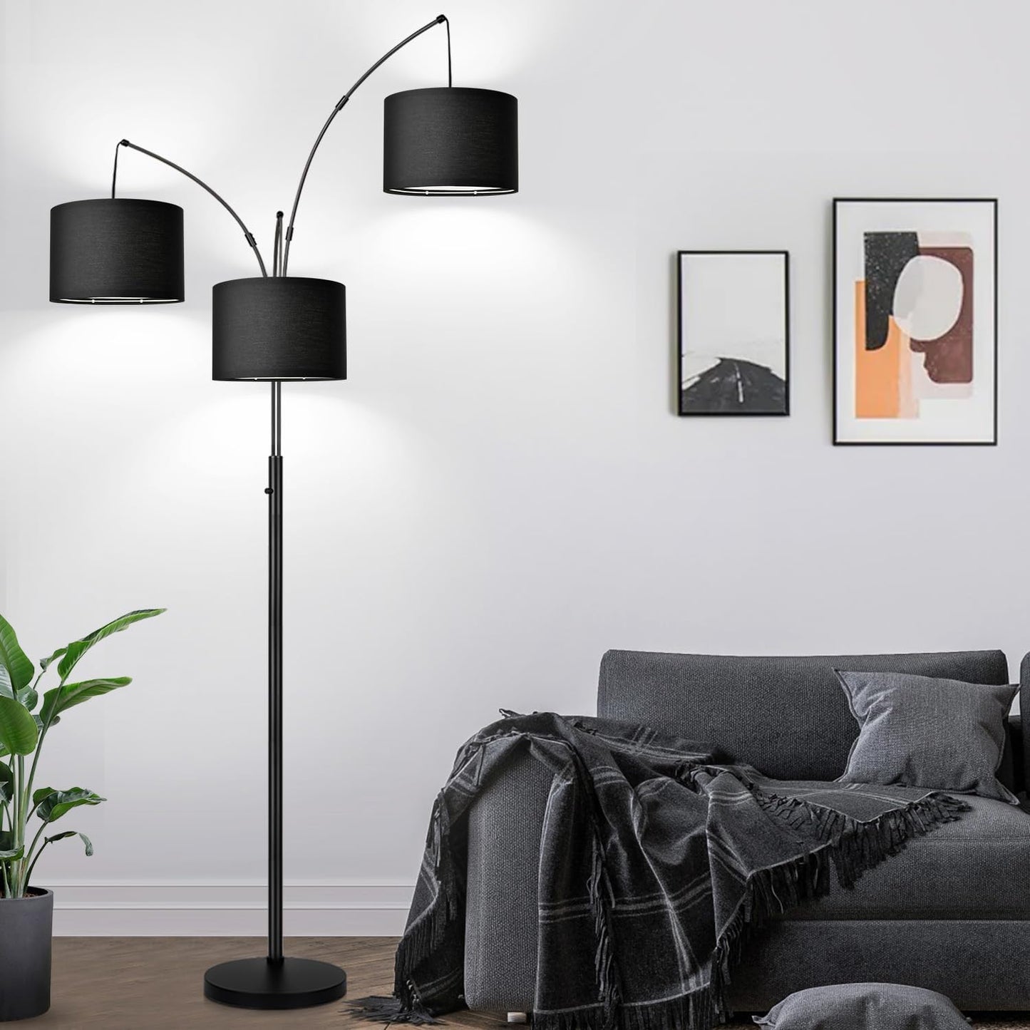 Dimmable Floor Lamp - 3 Lights Arc Floor Lamps for Living Room, 1000LM Modern Tall Standing Lamp With Beige Shades & Heavy Base, Mid Century Tree Floor Lamp for Bedroom Office, 3 LED Bulbs Included