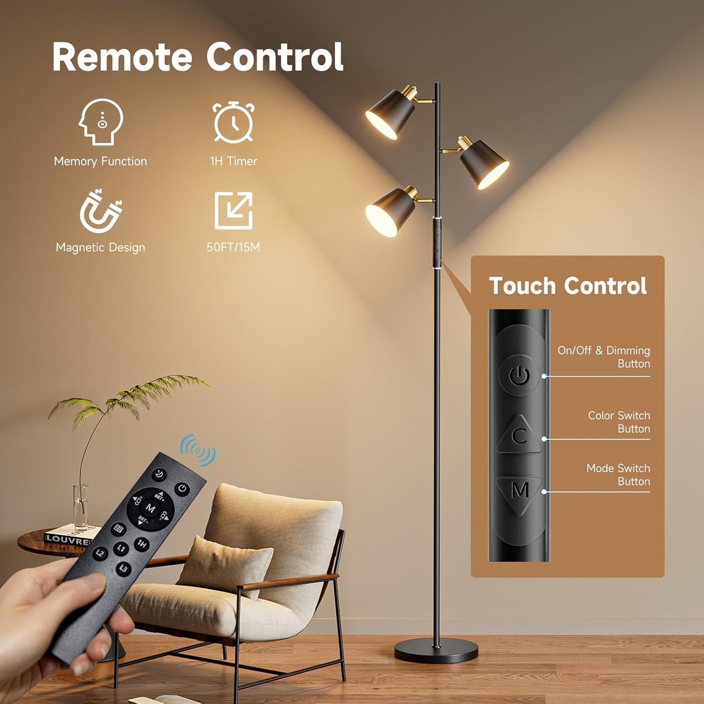 LED Tree Floor Lamp, 2500LM Super Bright Standing Lamp with Remote & Touch Control, 4 Color Temperatures, 3 Rotatable Lights, Modern Dimmable Floor Lamps for Living Room Bedroom Office