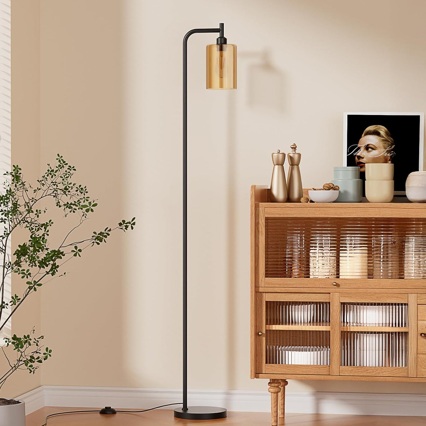 Industrial Floor Lamp with Glass Shade - Black, LED Bulbs, Foot Pedal Switch, Easy Assembly