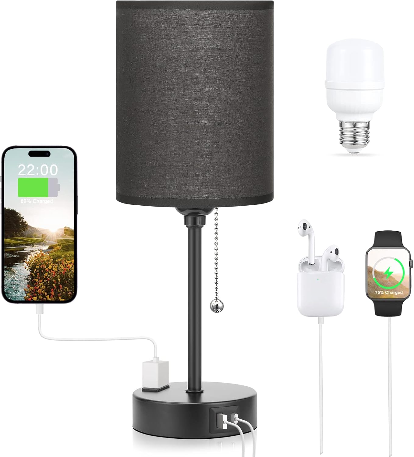 Small Bedside Table lamp for Bedroom - 3 Color Temperatures Bedside Lamps with USB C and A Ports, Pull Chain Table Lamps with AC Outlet, White Nightstand Lamps with Black Metal Base for Kids Reading