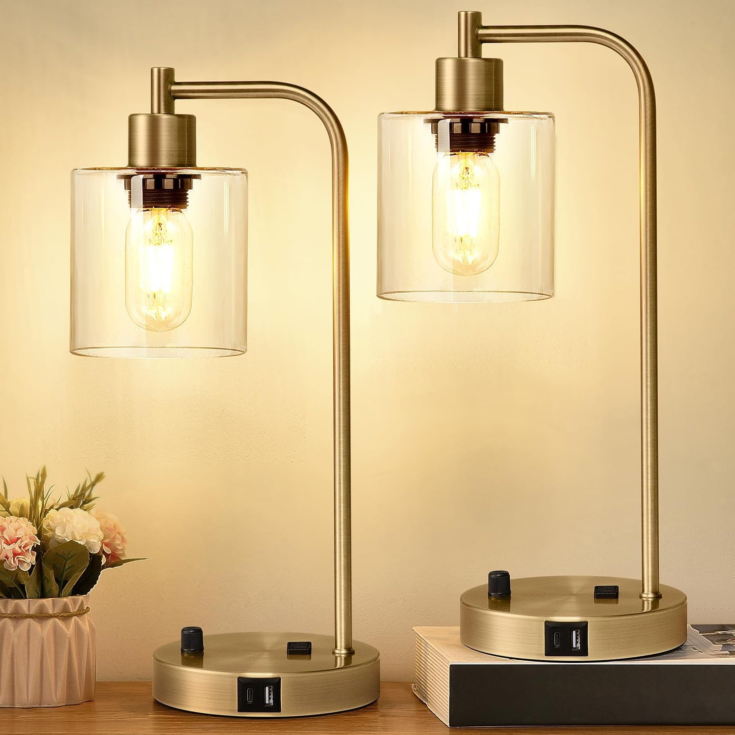 Set of 2 Industrial Table Lamps with USB Port, Fully Stepless Dimmable Bedside Lamps for Bedrooms, Nightstand Desk Lamp with Clear Glass Shade for Reading Living Room Office 2 LED Bulb Included