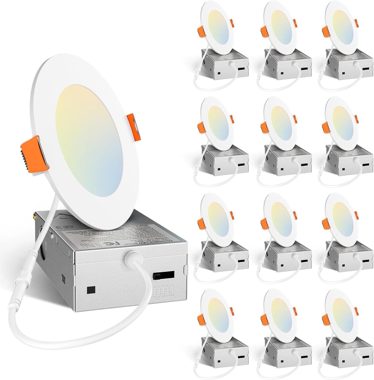 Amico 12 Pack 6 Inch 5CCT Ultra-Thin LED Recessed Ceiling Light with Junction Box, 1050LM Brightness, Dimmable Canless Wafer Downlight, 12W, ETL&FCC