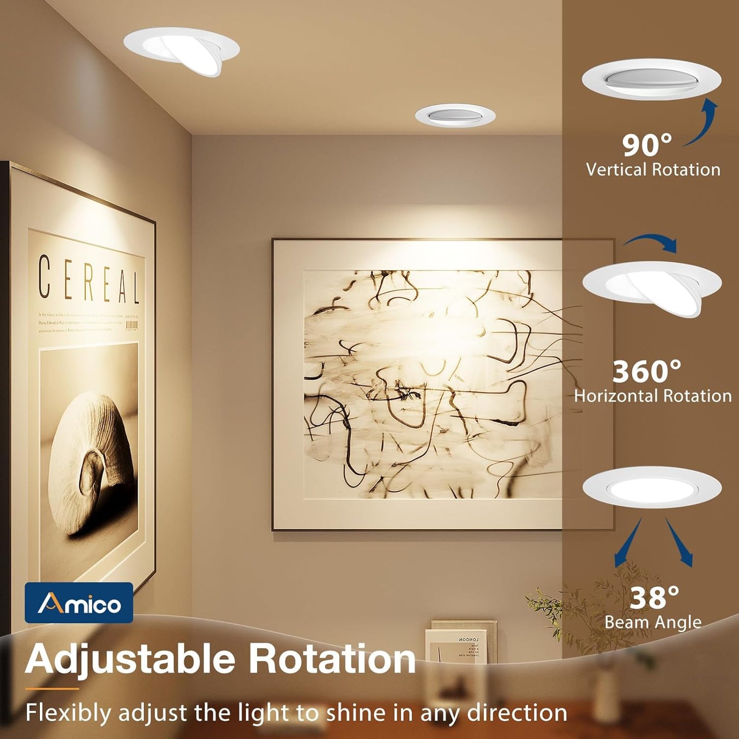 Amico 12 Pack 6 Inch 5CCT Gimbal LED Recessed Lighting, 360°&90°Adjustable Eyeball Directional Downlight, Dimmable, 2700K/3000K/3500K/4000K/5000K Selectable, 12W 1200LM CRI90+, White, ETL&FCC