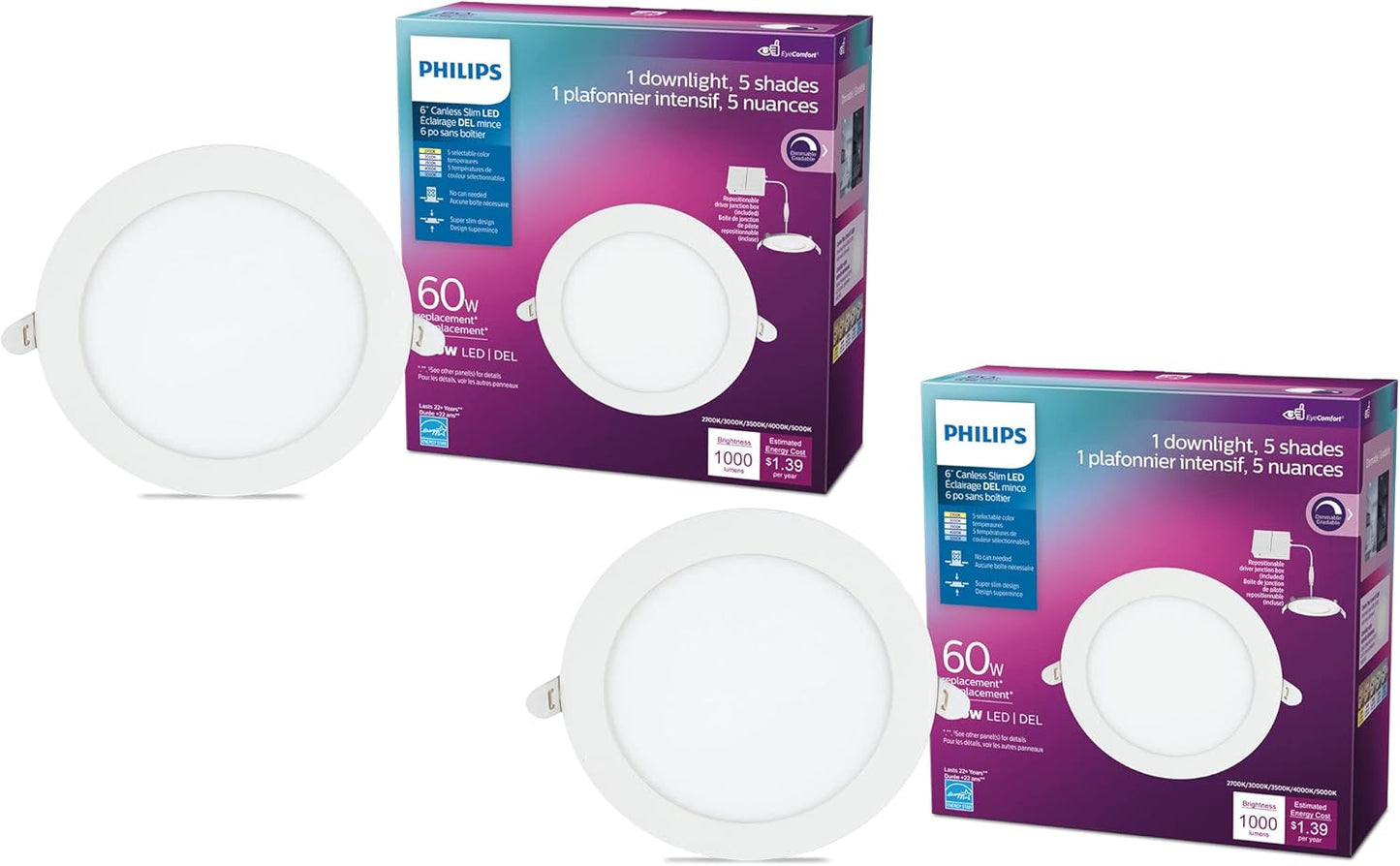 LED Philips 60W Slim 6-inch Canless Downlight 12-Pack Selectable White Multi-CCT 1000 Lumen (12.5W = 60W) Dimmable No Housing Required