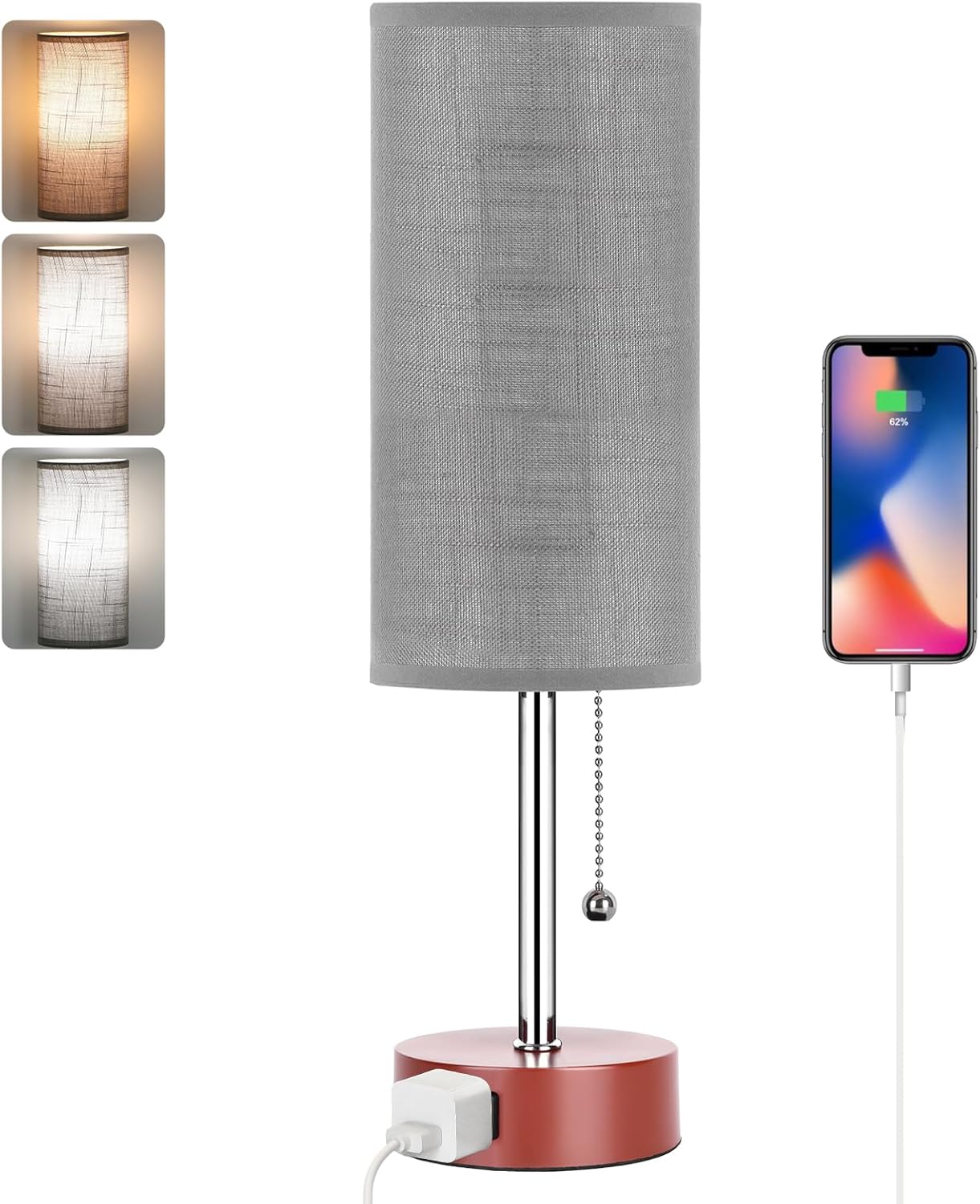 Dott Arts 15" Table Lamp for Bedroom, 3-Color Bedside Lamps with Pull Chain, Bedroom Table Lamps for Nightstand,AC Outlet Small Lamp for Living Room, Bulb Included