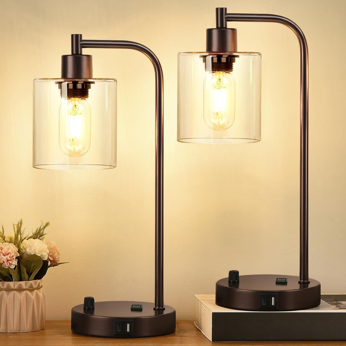 Set of 2 Industrial Table Lamps with USB Port, Fully Stepless Dimmable Bedside Lamps for Bedrooms, Nightstand Desk Lamp with Clear Glass Shade for Reading Living Room Office 2 LED Bulb Included