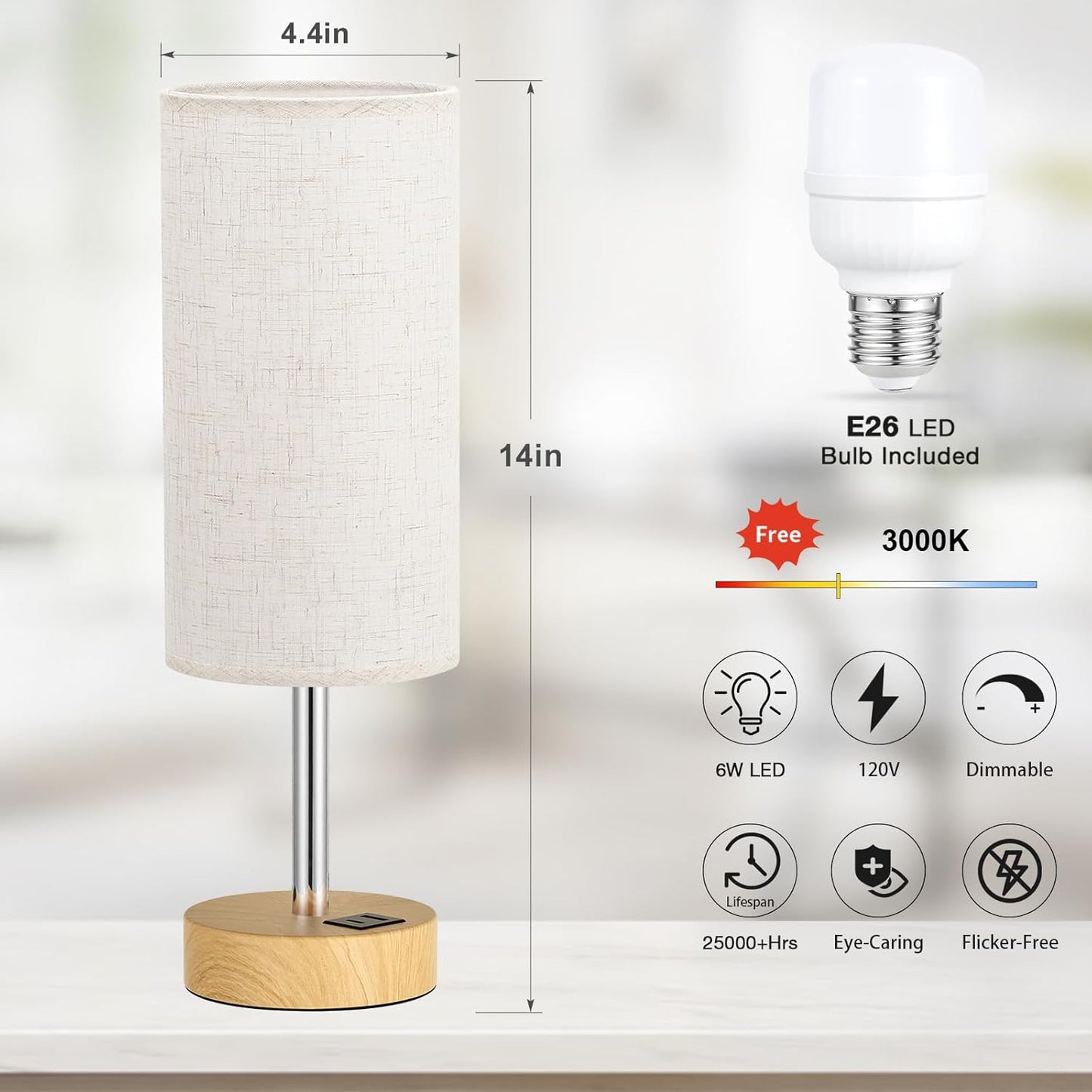 Touch Bedside Table Lamp with USB - 3 Way Dimmable Wood Lamp for Bedroom Nightstand, Desk Lamp with Charging Station for Dorm, Living Room, Office, Kids Room, Nursery, Small