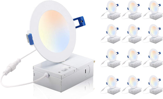 CLOUDY BAY 4 inch 3000K/4000K/5000K Three Color Temperature Selectable, Dimmable 10W CRI 90+, IC Rated,Ultra Thin Recessed Downlight with Junction Box, Canless Wafer Downlight,White Finish, 12 Pack