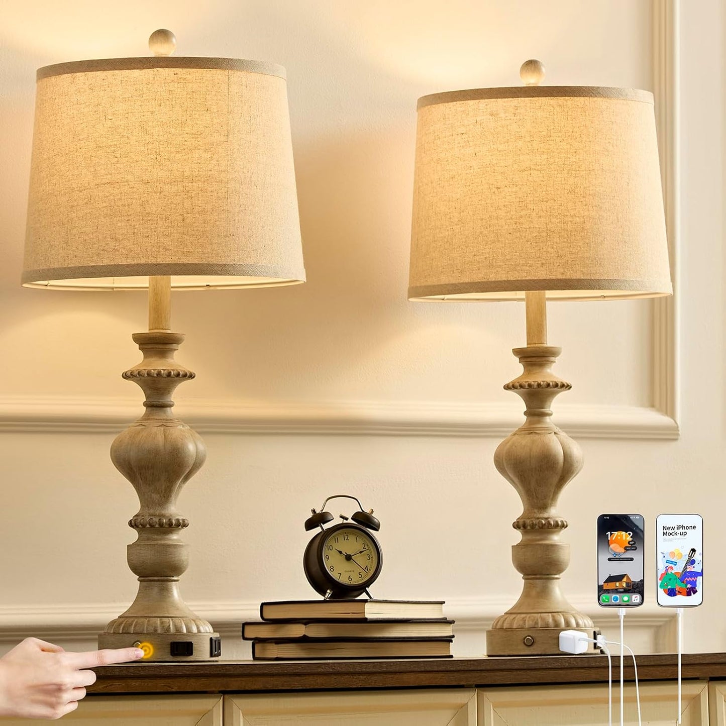 27.5" Farmhouse Table Lamps Set of 2 Bedside Nightstand Lamp with USB C+A Ports & AC Outlet, 3 Way Dimmable Touch Lamps for Bedroom Living Room Office Hallway Rustic Traditional Lamp (Copper)