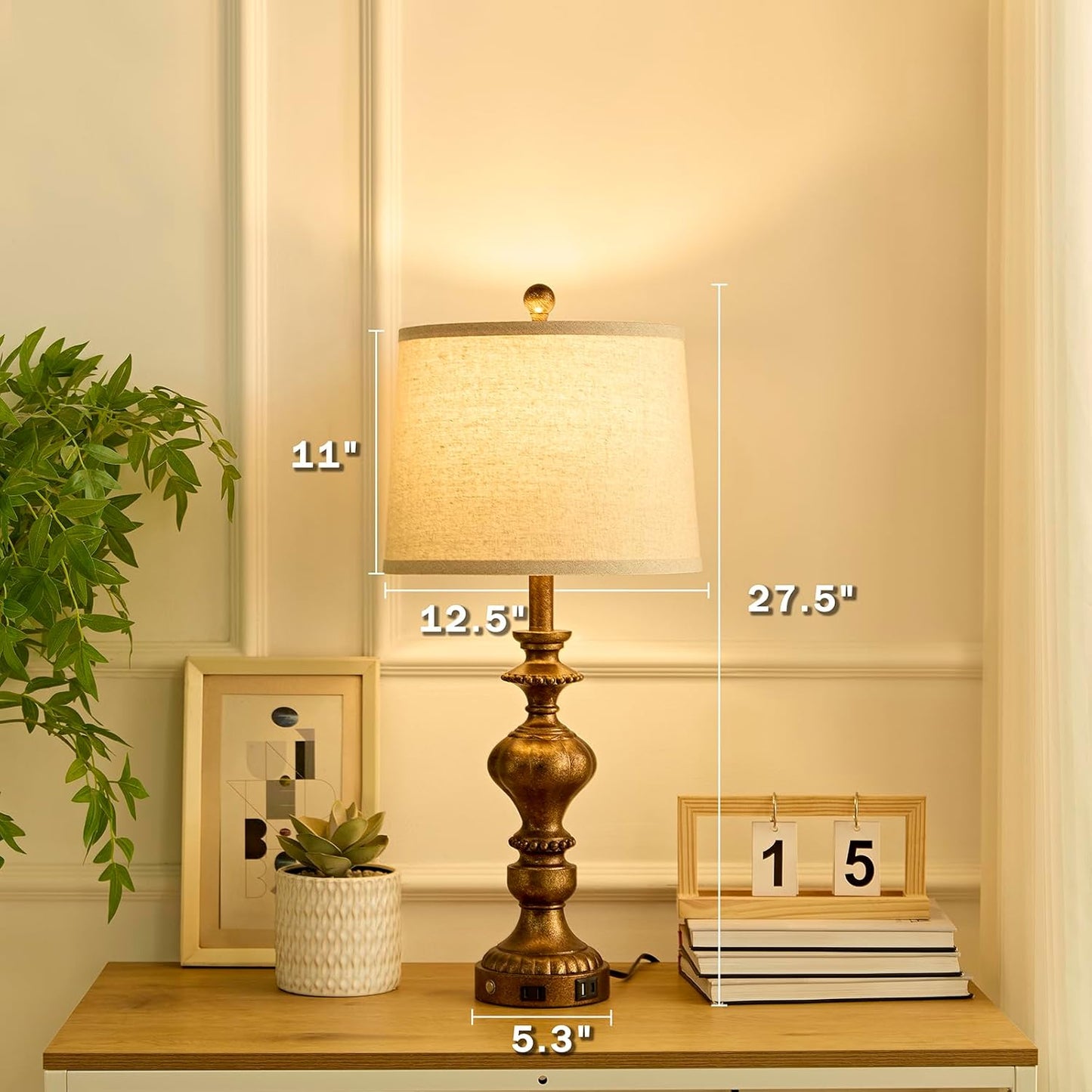 27.5" Farmhouse Table Lamps Set of 2 Bedside Nightstand Lamp with USB C+A Ports & AC Outlet, 3 Way Dimmable Touch Lamps for Bedroom Living Room Office Hallway Rustic Traditional Lamp (Copper)