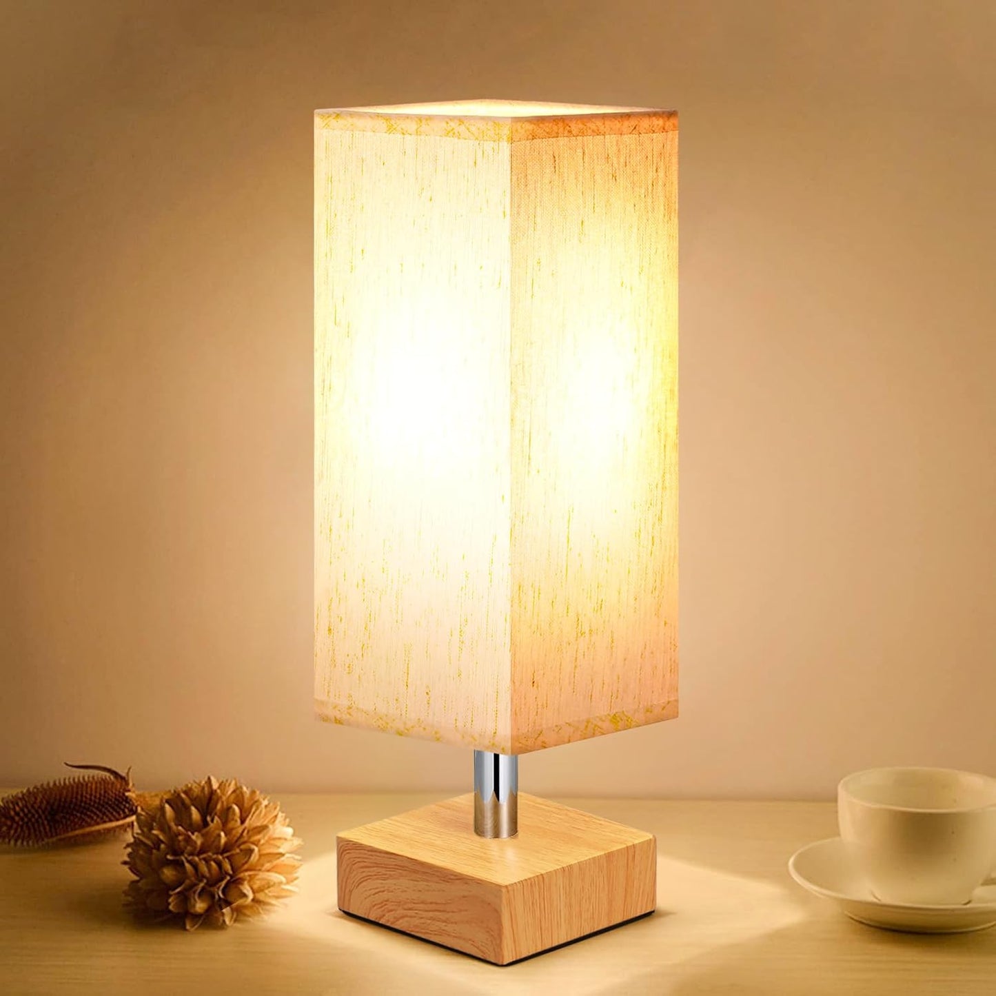 Small Table Lamp for Bedroom - Bedside Lamps for Nightstand, Minimalist Night Stand Light Lamp with Square Fabric Shade, Desk Reading Lamp for Kids Room Living Room Office Dorm