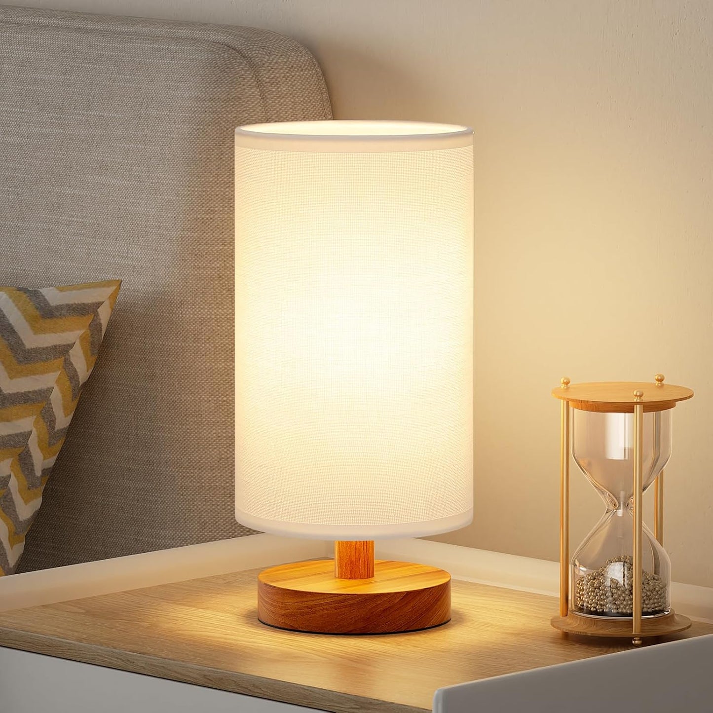 Small Table Lamp for Bedroom - Inline Control, Bedside Lamp with 3000K A15 LED Blub, Easy Assembly (Cream Shade - Wood Base, 9" Inline Control)