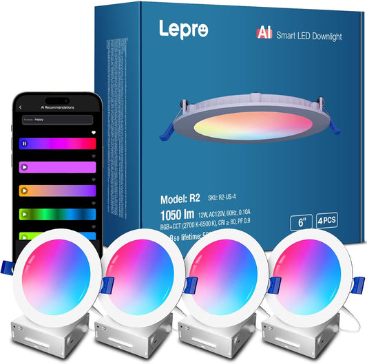 Lepro R2 AI Smart LED Recessed Lighting 6 Inch, RGB+Cool/Warm White APP Control Ceiling Lights, Alexa & Google Compatible, 12W 1050LM Slim Canless Downlight, AI Generated Lighting, 2.4GHz WiFi, 4-Pack