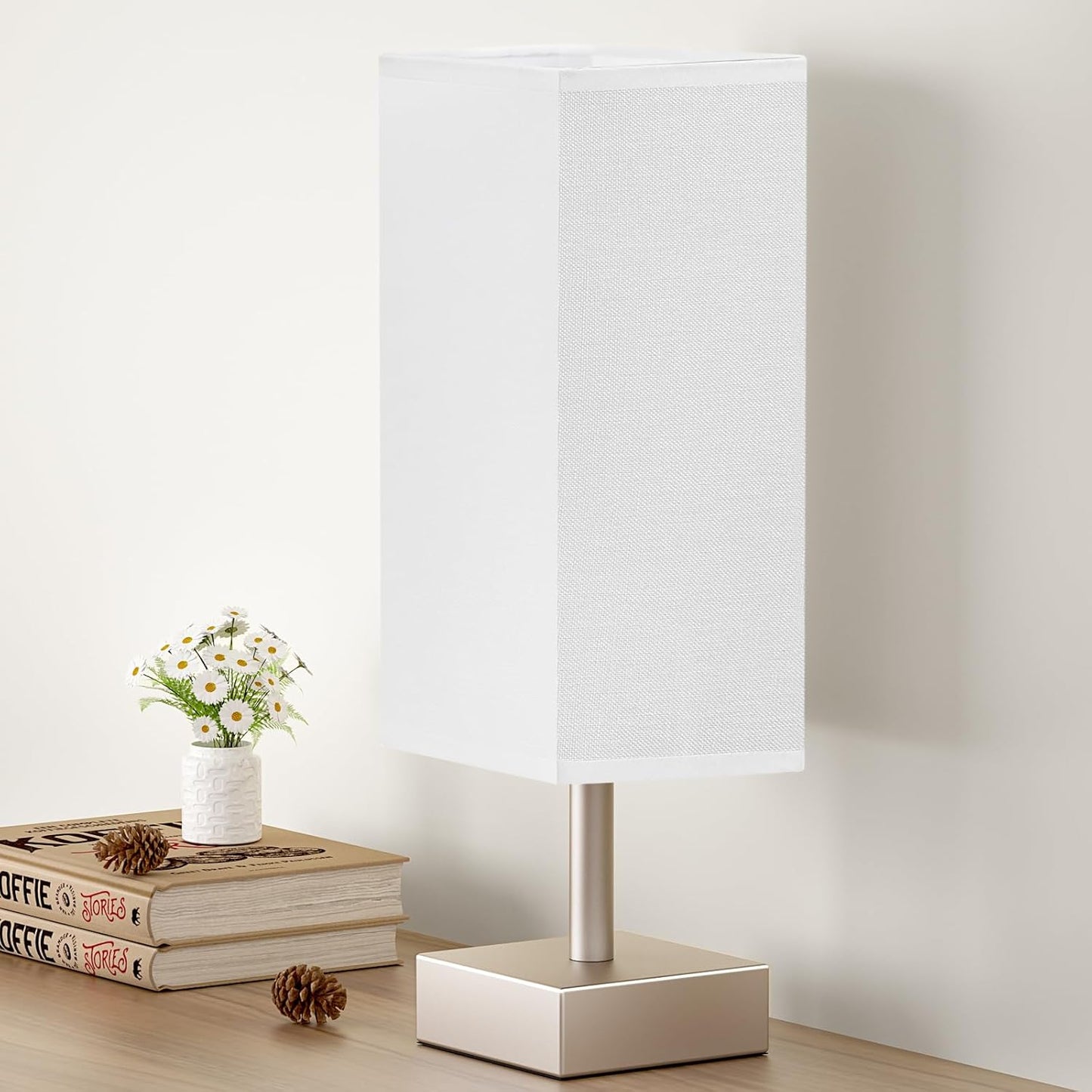 Small Table Lamp for Bedroom - Bedside Lamps for Nightstand, Minimalist Night Stand Light Lamp with Square Fabric Shade, Desk Reading Lamp for Kids Room Living Room Office Dorm