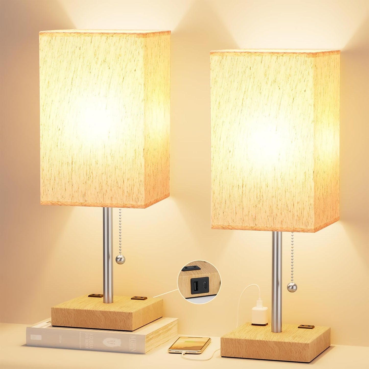 Small Table Lamp for Bedroom - Bedside Lamps for Nightstand, Minimalist Night Stand Light Lamp with Square Fabric Shade, Desk Reading Lamp for Kids Room Living Room Office Dorm