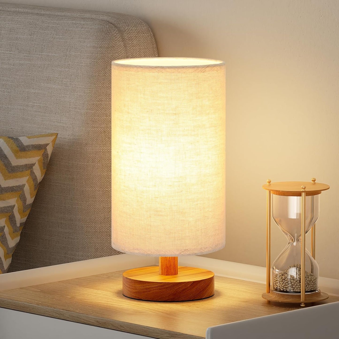 Small Table Lamp for Bedroom - Inline Control, Bedside Lamp with 3000K A15 LED Blub, Easy Assembly (Cream Shade - Wood Base, 9" Inline Control)