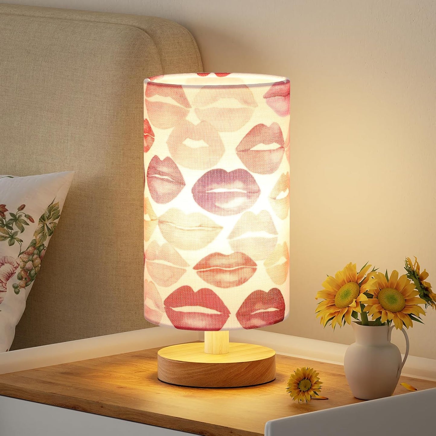 Small Table Lamp for Bedroom - Inline Control, Bedside Lamp with 3000K A15 LED Blub, Easy Assembly (Cream Shade - Wood Base, 9" Inline Control)