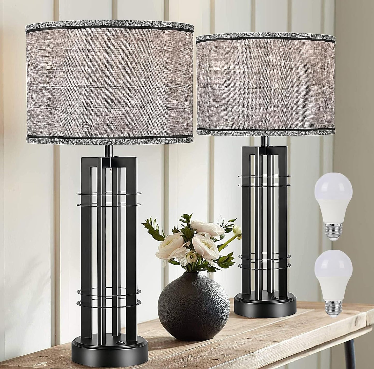 22IN Modern Ceramic Table Lamp Set of 2 White Lamps for Living Room Tall Bedroom Lamp Set Bedside Nightstand Lamps Set of Two Farmhouse Rustic Side Table Lamps for End Table Beige Desk Lamps