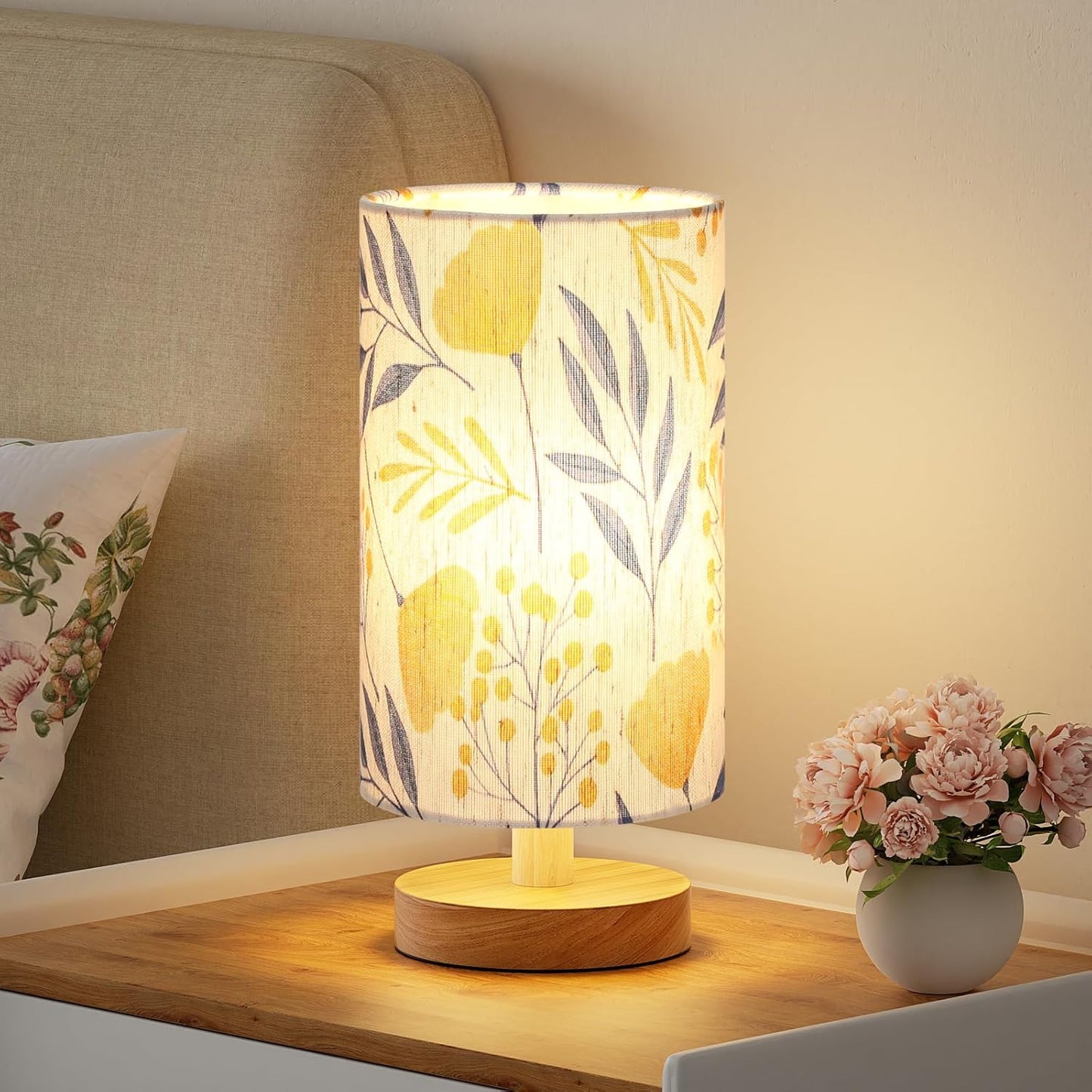 Small Table Lamp for Bedroom - Inline Control, Bedside Lamp with 3000K A15 LED Blub, Easy Assembly (Cream Shade - Wood Base, 9" Inline Control)