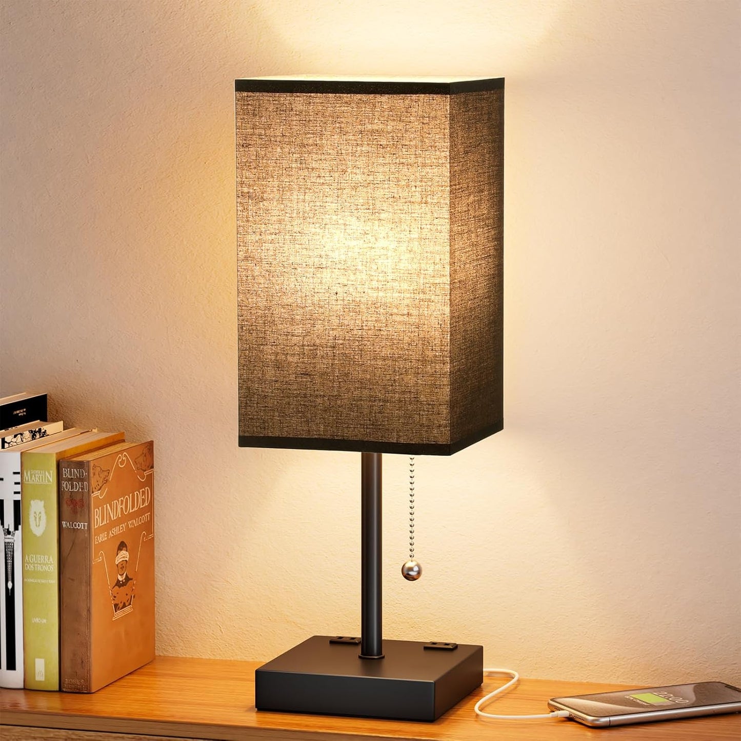 Small Table Lamp for Bedroom - Bedside Lamps for Nightstand, Minimalist Night Stand Light Lamp with Square Fabric Shade, Desk Reading Lamp for Kids Room Living Room Office Dorm