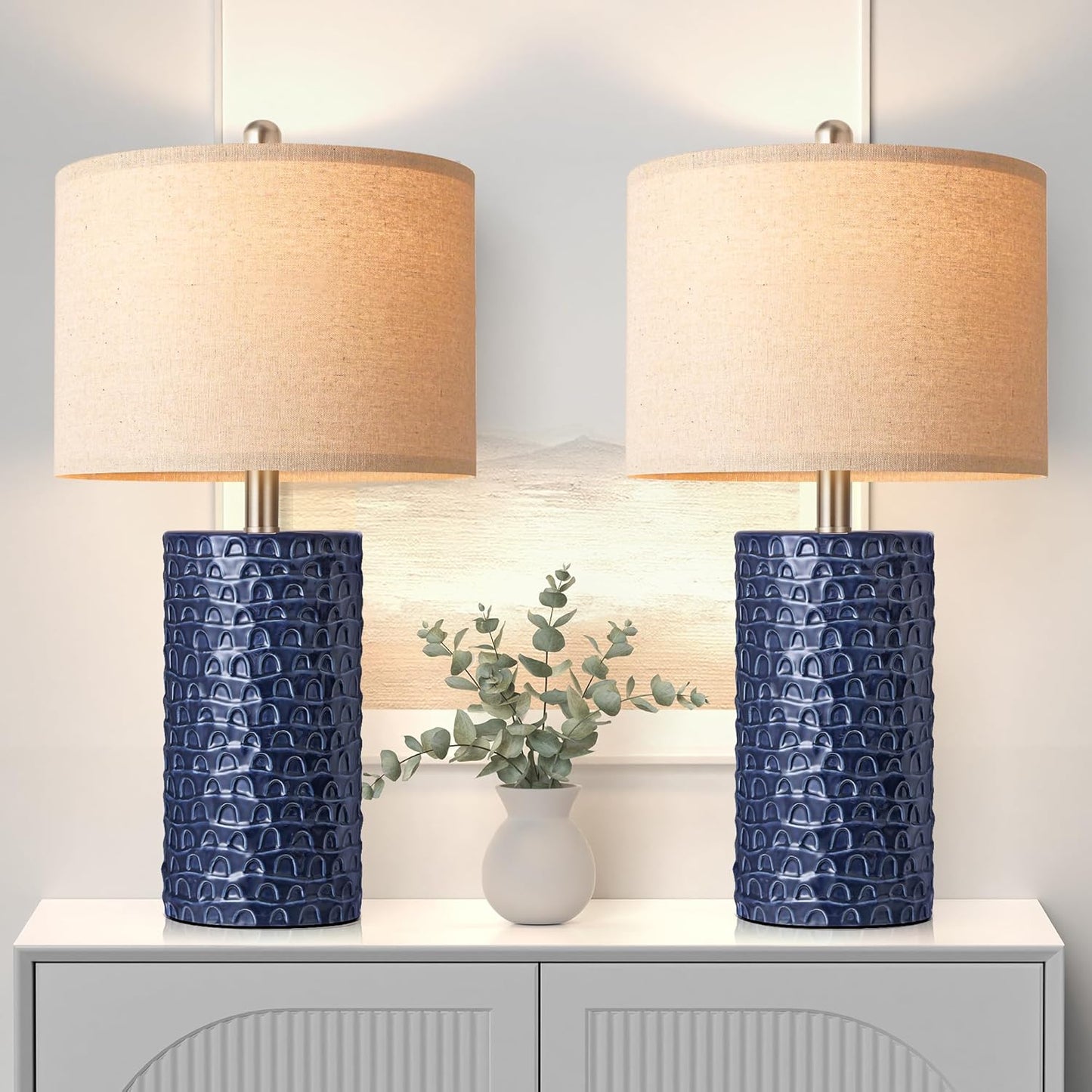 PARTPHONER 23" Modern Ceramic Table Lamp Set of 2, Table Lamps for Living Room, Rustic Farmhouse Bedside Lamps Nightstand lamp for Bedroom, White Desk Lamp for End Table Home Decor Beige