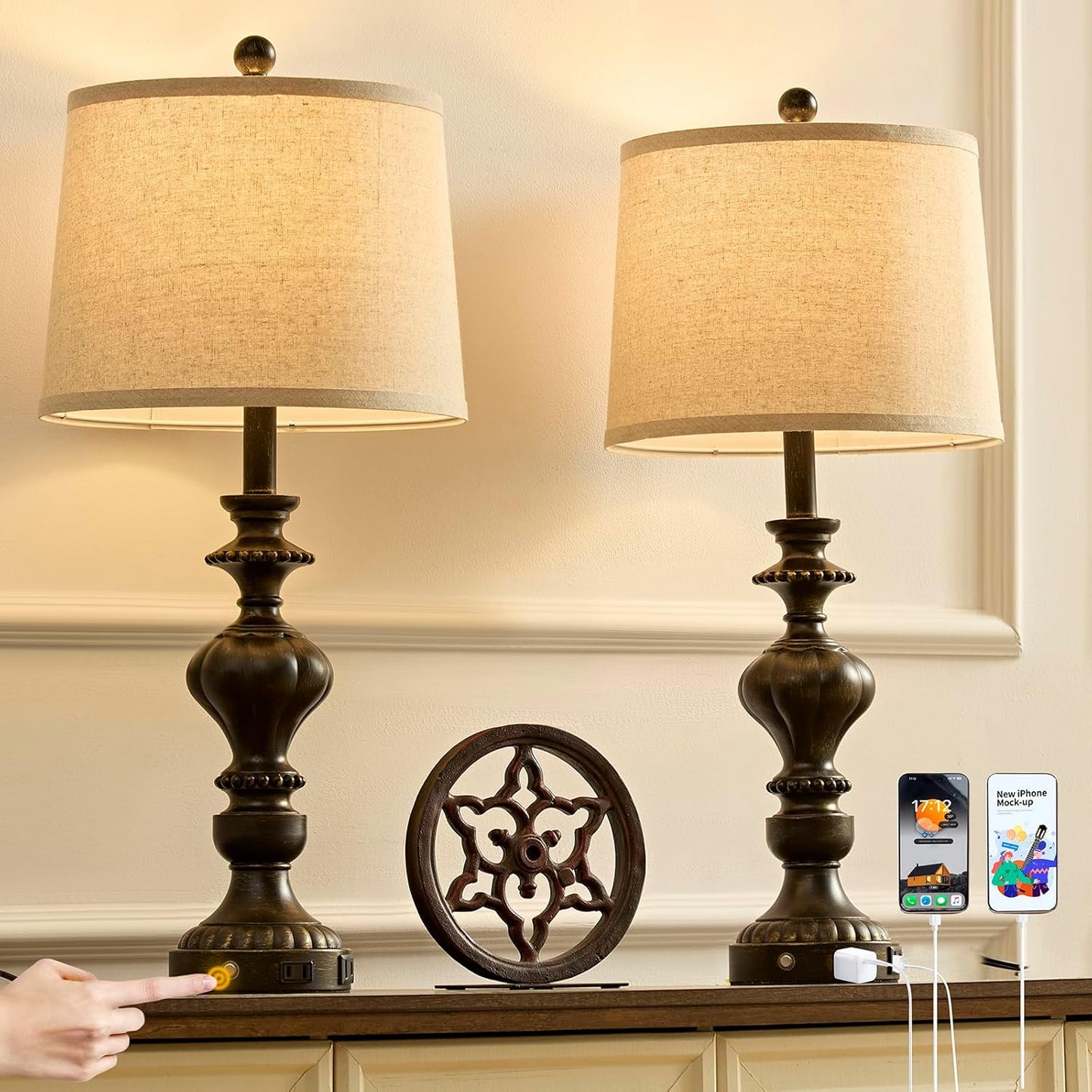 27.5" Farmhouse Table Lamps Set of 2 Bedside Nightstand Lamp with USB C+A Ports & AC Outlet, 3 Way Dimmable Touch Lamps for Bedroom Living Room Office Hallway Rustic Traditional Lamp (Copper)