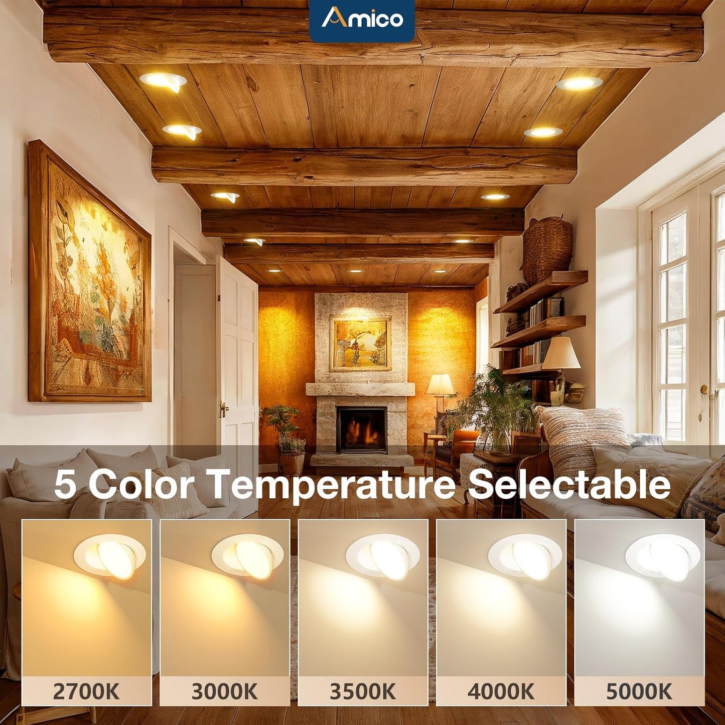 Amico 12 Pack 6 Inch 5CCT Gimbal LED Recessed Lighting, 360°&90°Adjustable Eyeball Directional Downlight, Dimmable, 2700K/3000K/3500K/4000K/5000K Selectable, 12W 1200LM CRI90+, White, ETL&FCC