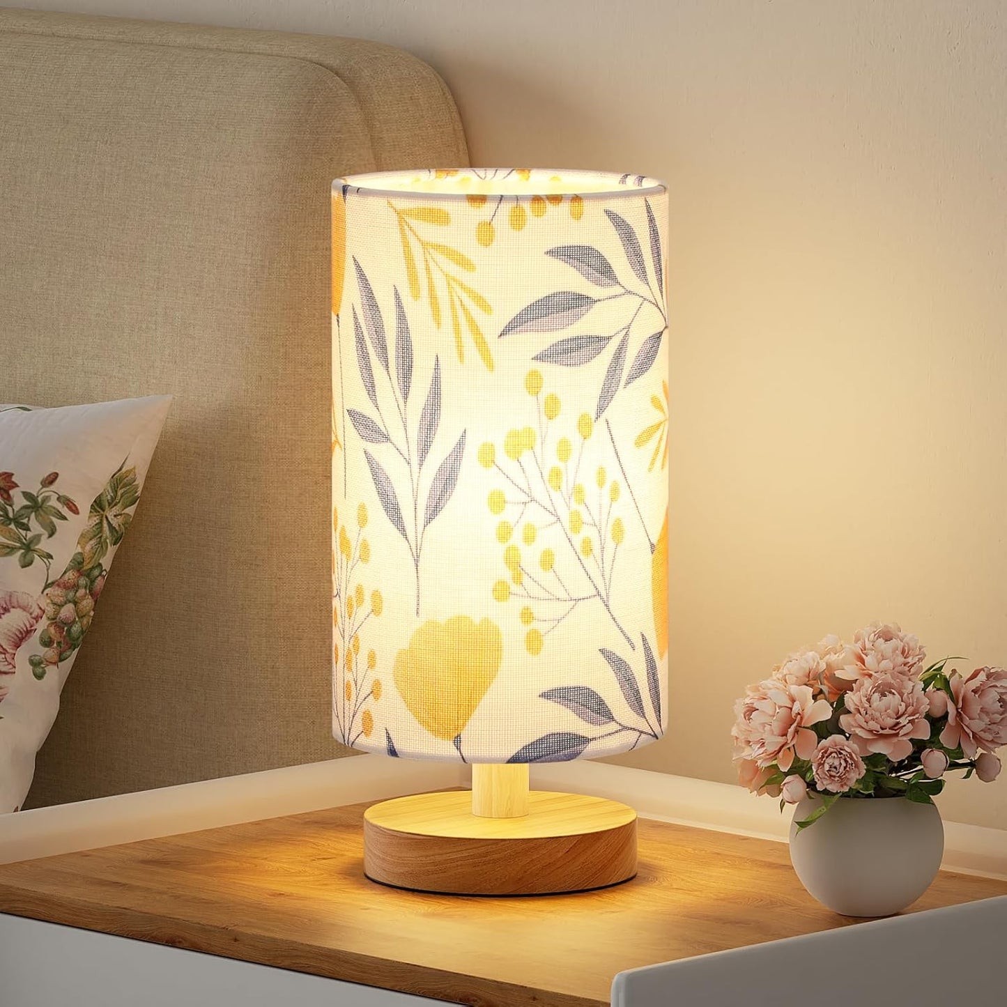 Small Table Lamp for Bedroom - Inline Control, Bedside Lamp with 3000K A15 LED Blub, Easy Assembly (Cream Shade - Wood Base, 9" Inline Control)