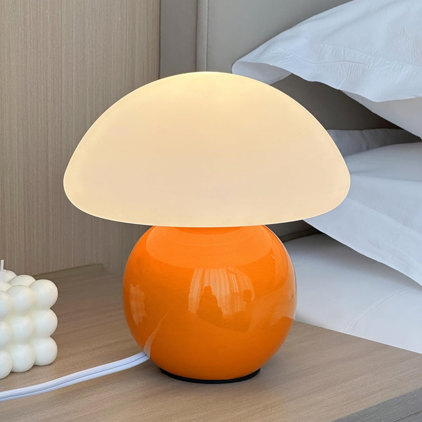 Mushroom Lamp Ceramic Base,White Cute 70s Mid Century Modern Decor Lamp for Bedroom,Small Abstract Table Bedside Glass Mood Coze Fun Warm Light