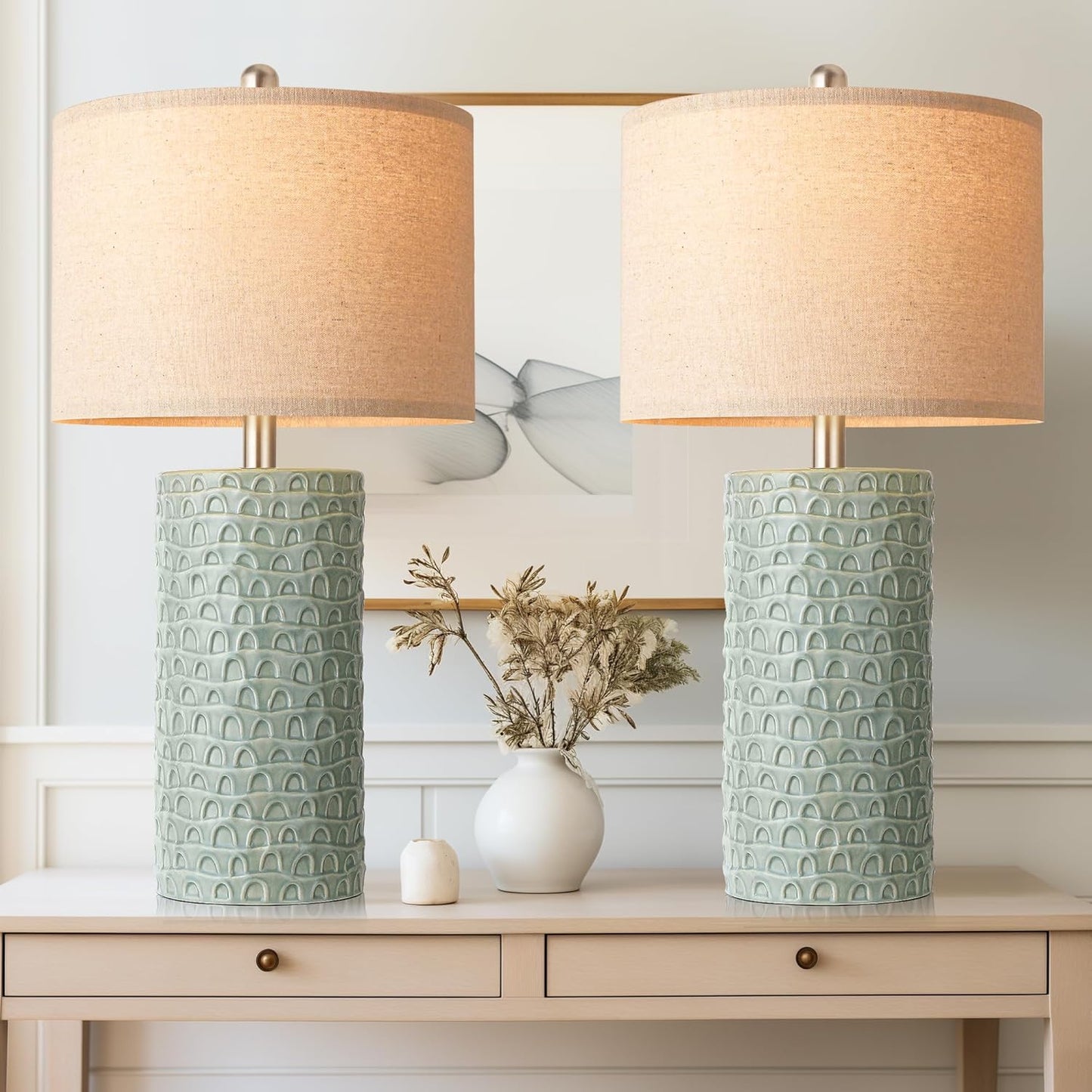 PARTPHONER 23" Modern Ceramic Table Lamp Set of 2, Table Lamps for Living Room, Rustic Farmhouse Bedside Lamps Nightstand lamp for Bedroom, White Desk Lamp for End Table Home Decor Beige